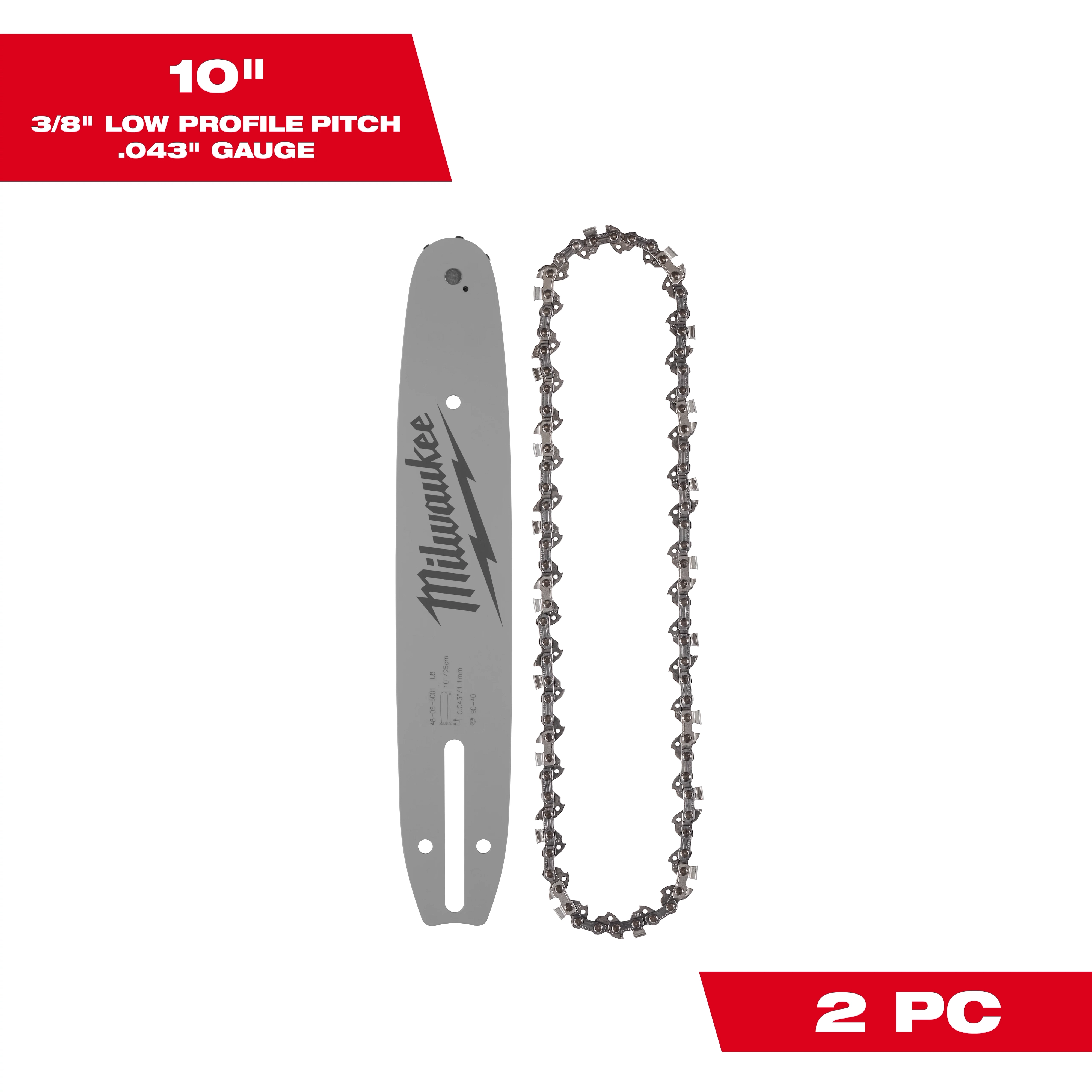 10" saw chain and guide bar set with low profile pitch, .043" gauge. Includes one guide bar and one saw chain. 2-piece set.