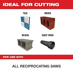 Product description image promoting reciprocating saw blades for cutting tile, brick, block, and cast iron. The text emphasizes compatibility with all reciprocating saws.
