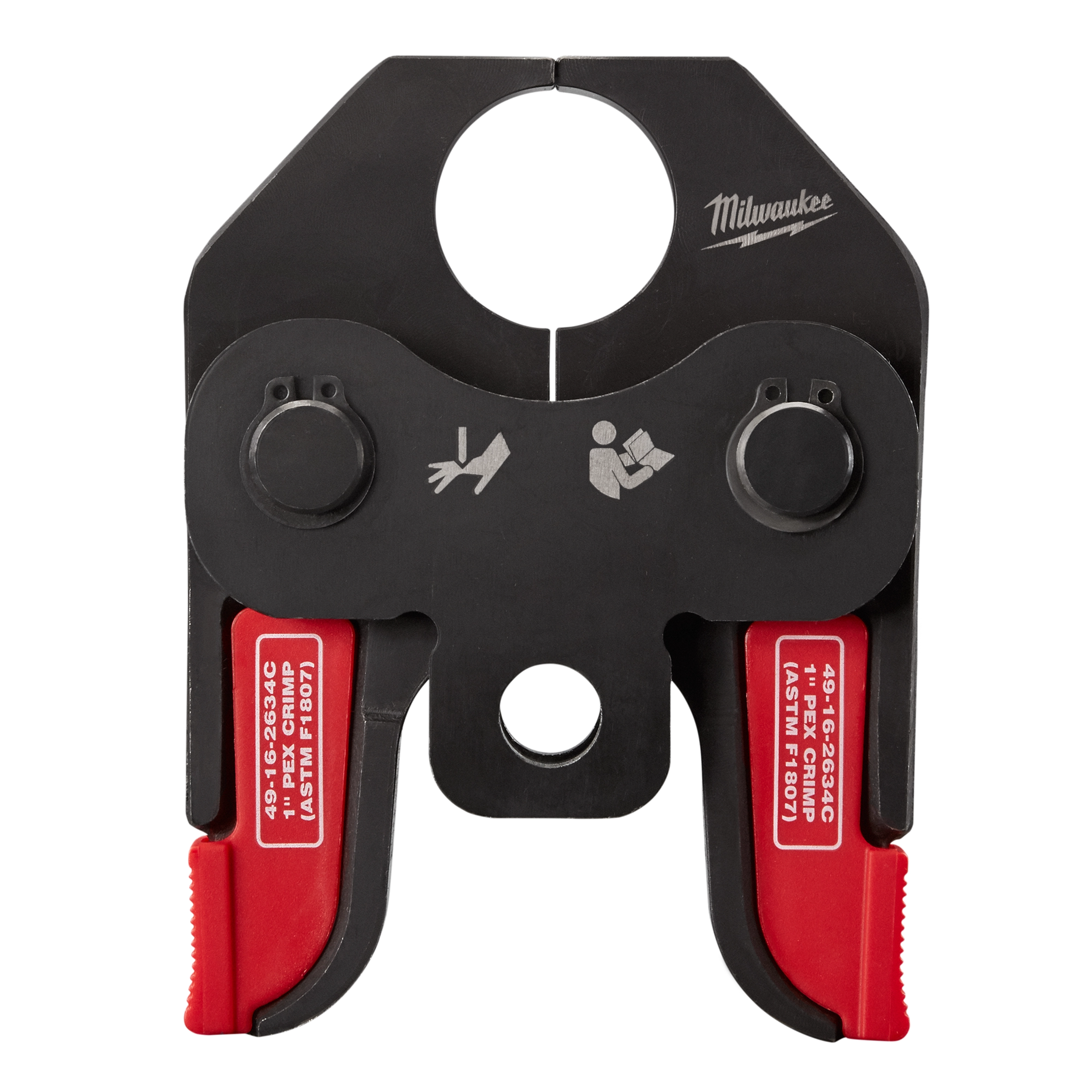 PEX Crimp Jaws tool with black and red components, designed for crimping PEX tubing. Features the brand Milwaukee.