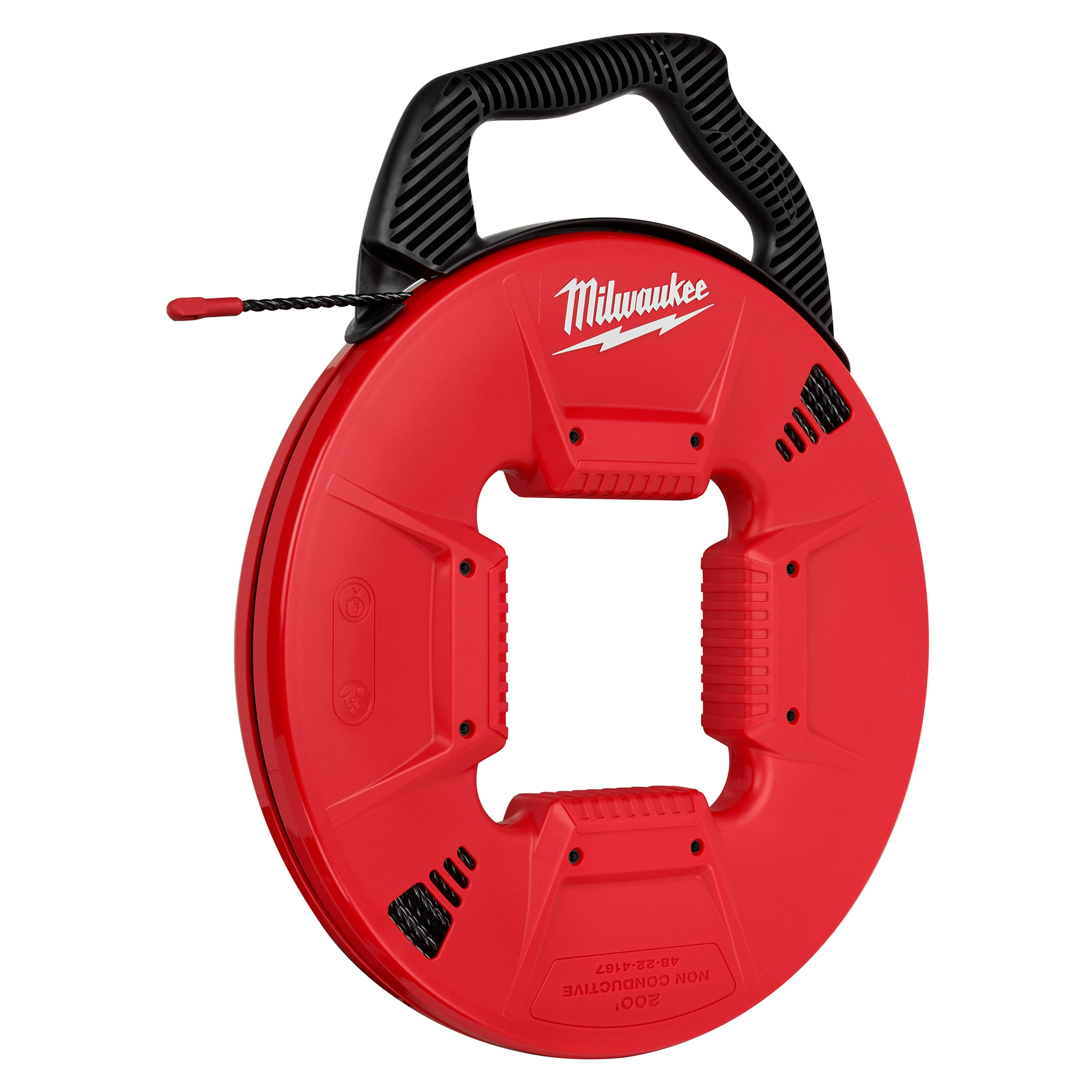 200% Polyester Fish Tape with Non-conductive tip, featuring a red coiled design and a black handle, shown side profile.