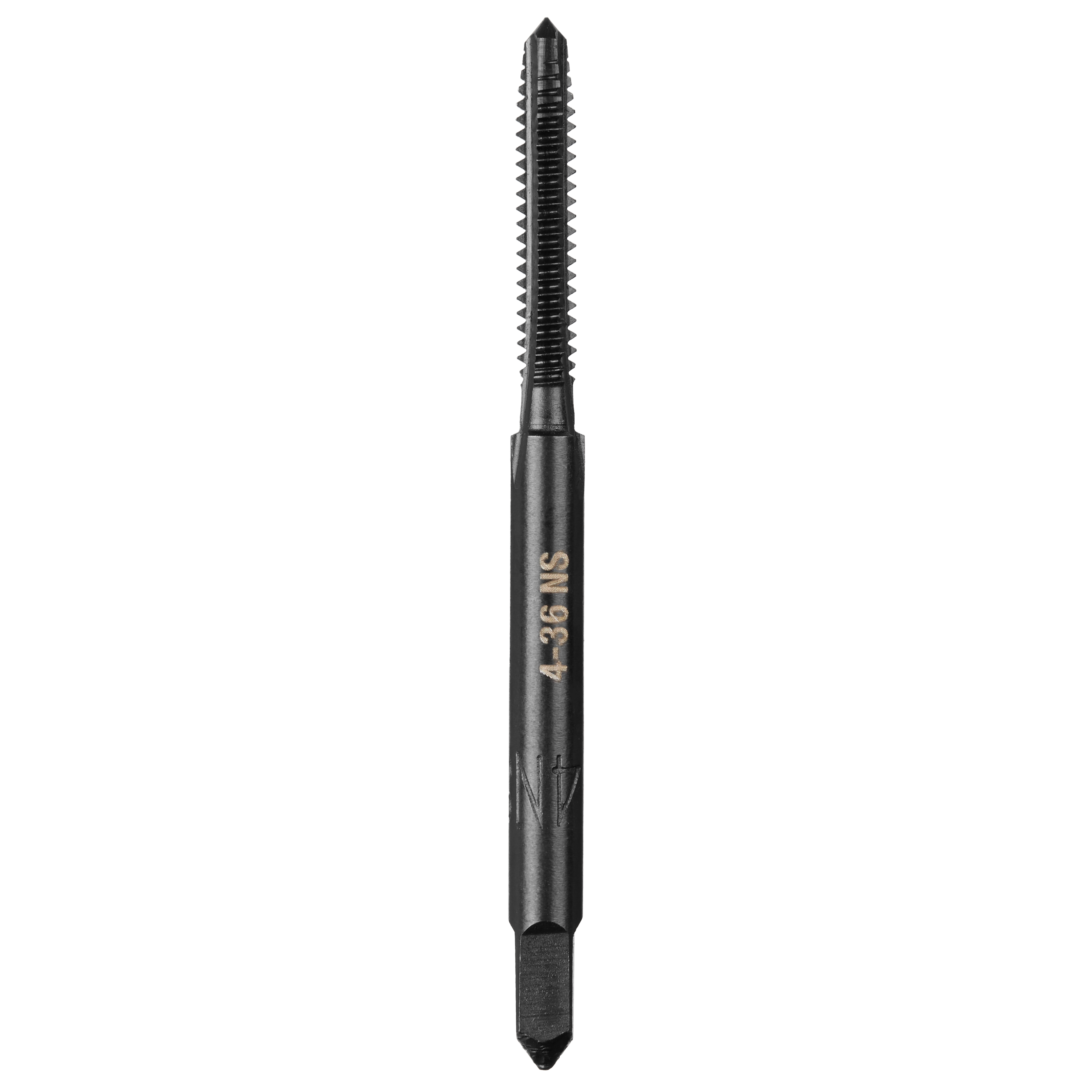 The 4-36 NS Straight Flute Plug Tap is a threaded tool with a black finish, featuring straight flutes for cutting.