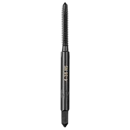 The 4-36 NS Straight Flute Plug Tap is a threaded tool with a black finish, featuring straight flutes for cutting.