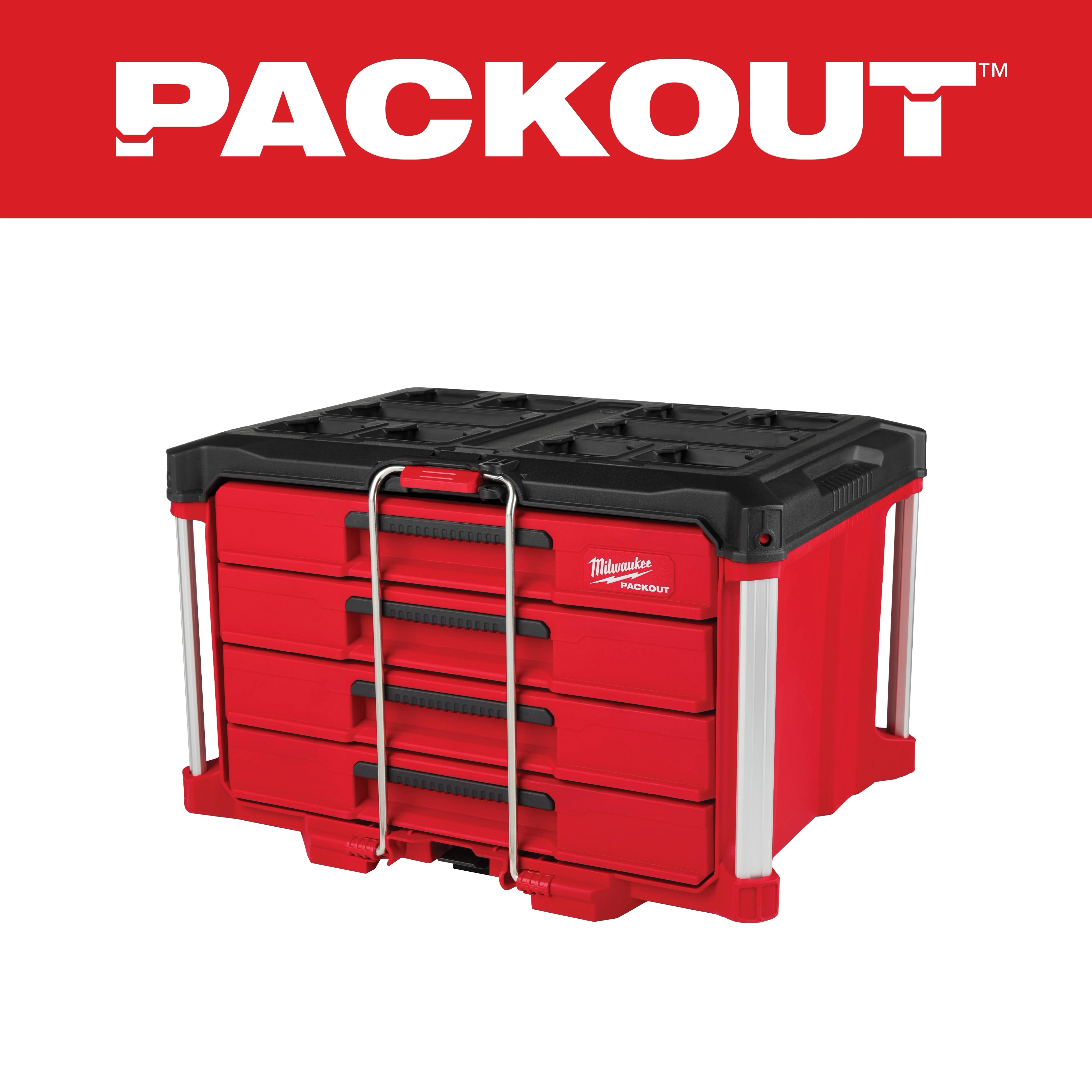 PACKOUT 4 Drawer Tool Box in red with black top, metal corner reinforcements, and a locking bar. Brand logo is visible on the box.