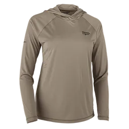 The image shows the Women's WORKSKIN™ Hooded Sun Shirt – Sandstone. It is a long-sleeved, lightweight, beige hooded shirt designed for sun protection. The shirt features the Milwaukee logo on the chest and is intended for women.