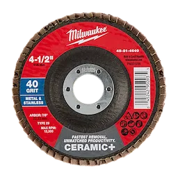 4-1/2" x 7/8" 40 Grit Ceramic+ Flap Disc - Type 29 abrasive wheel with central mounting hole.