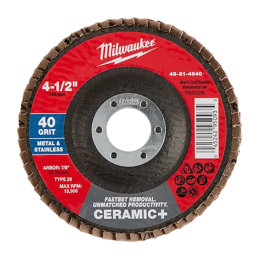 4-1/2" x 7/8" 40 Grit Ceramic+ Flap Disc - Type 29 abrasive wheel with central mounting hole.