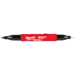 The INKZALL™ Double Sided Black Jobsite Marker – Ultra Fine & Fine Point features a red barrel with black markers on each end. The branding and product details are displayed in white text on the barrel, including the name Milwaukee. The marker is designed for jobsite use.