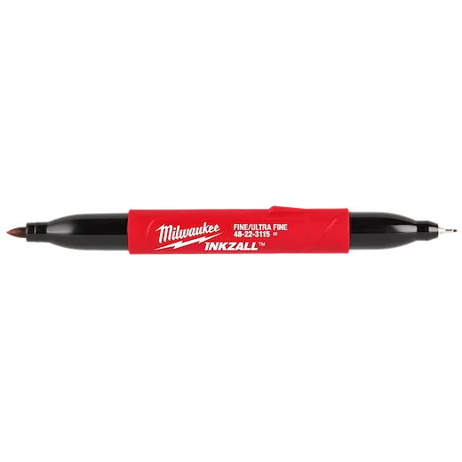 The INKZALL™ Double Sided Black Jobsite Marker – Ultra Fine & Fine Point features a red barrel with black markers on each end. The branding and product details are displayed in white text on the barrel, including the name Milwaukee. The marker is designed for jobsite use.