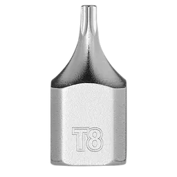 A 1/4" Drive T8 Low-Profile TORX Bit Socket made of silver metal with a T8 size marking engraved on its side. The bit has a low-profile design and a pointed tip suitable for dealing with TORX screws.