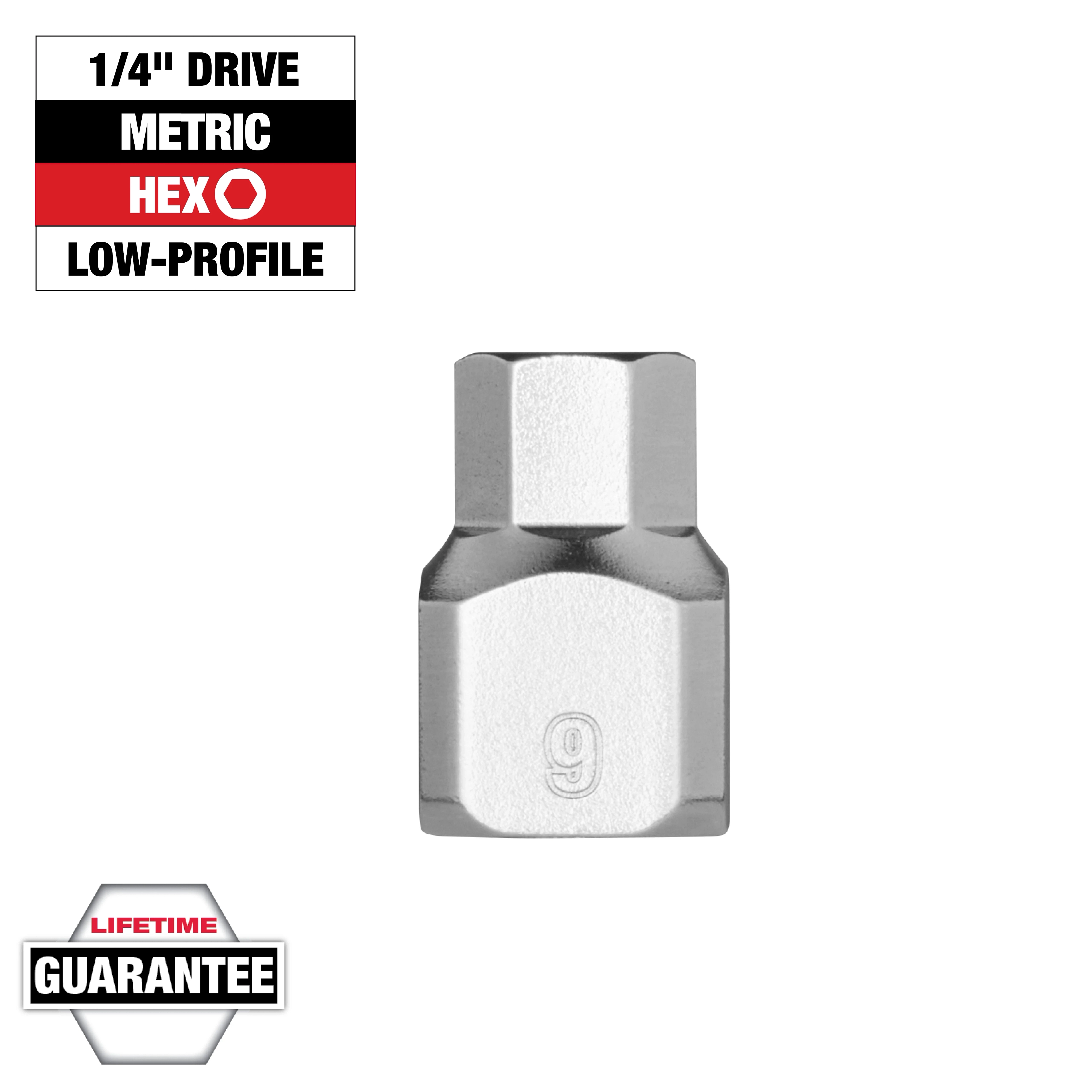 1/4" Drive 9mm Low-Profile Hex Bit Socket with a lifetime guarantee and labeled "metric" and "hex."