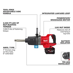 The M18 FUEL™ 1" D-Handle Ext. Anvil High Torque Impact Wrench w/ ONE-KEY™. Features labeled include tool-free adjustable side handle, integrated lanyard loop, POWERSTATE™ brushless motor, lug nut mode, battery isolator, anvil type, 2,000 ft-lbs of torque, and tri-LED work light.