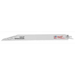 The 12in. Wrecker Sawzall Blade is shown in the image. It is a long, silver, reciprocating saw blade with jagged teeth and black text that says "The Wrecker." The blade also features a red and blue logo on the right side with the word "Sawzall."