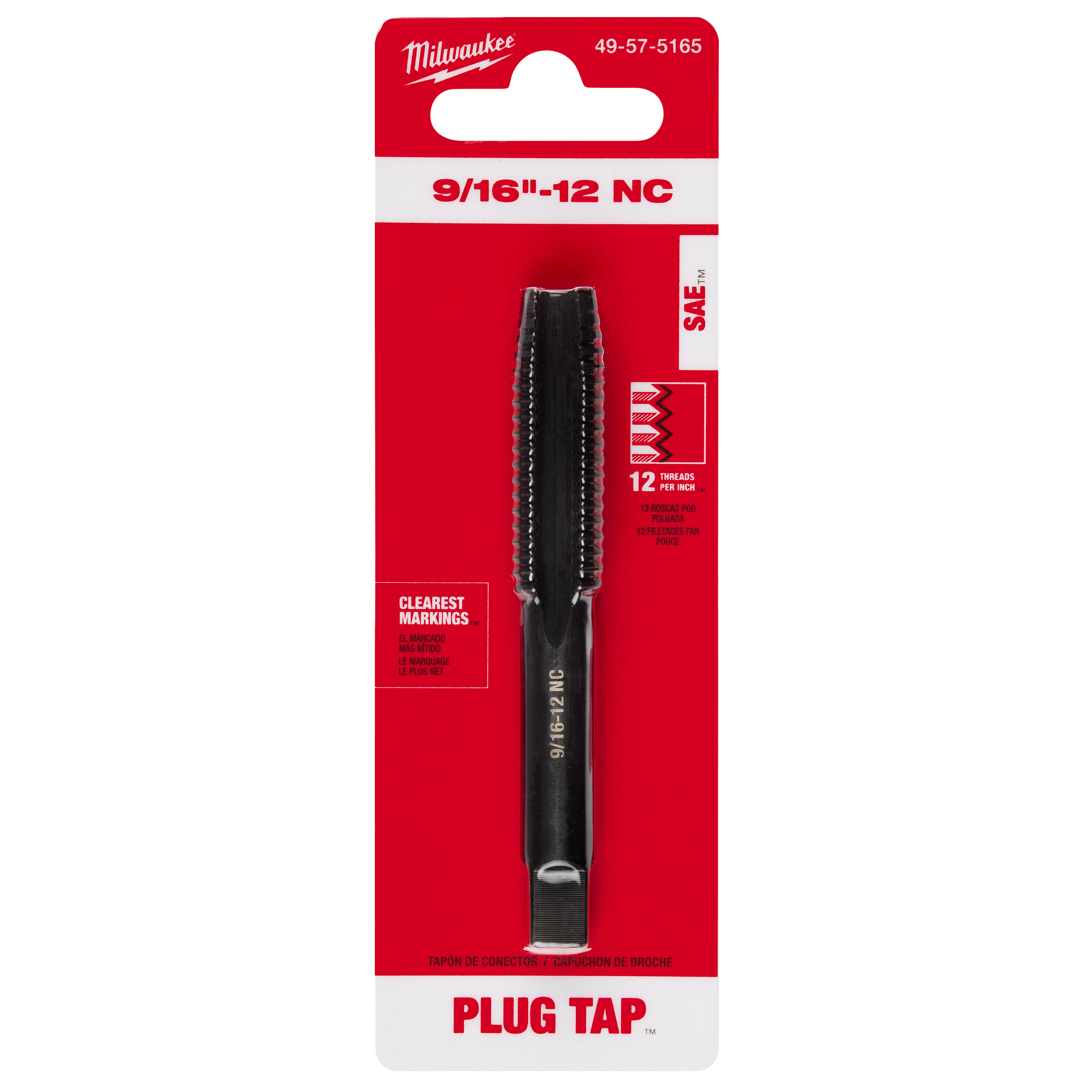 9/16"-12 NC Straight Flute Plug Tap in retail packaging with product specifications and clear markings for the thread size.