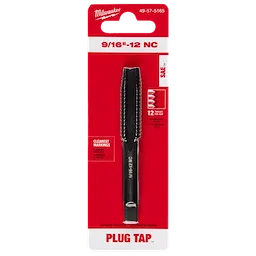 9/16"-12 NC Straight Flute Plug Tap in retail packaging with product specifications and clear markings for the thread size.