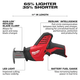 The M12 Cordless LITHIUM-ION 4-Tool Combo Kit features a RECIP saw with a Quik-Lok keyless blade clamp, LED light, battery fuel gauge, and REDLINK intelligence. It’s 11 inches long, 65% lighter, and 35% shorter, designed for improved performance, protection, and productivity.