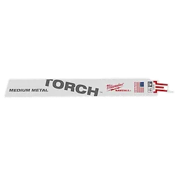 The 9" 14 TPI Torch™ SAWZALL® Blade is designed for cutting medium metal. It features the Milwaukee brand logo, an American flag, and specifications on the far right. The product comes in a pack of five blades.