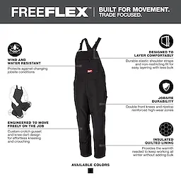 FREEFLEX Insulated Bib Overalls are black, wind and water-resistant, with quilted lining, elastic straps, reinforced knees, and designed for easy movement.