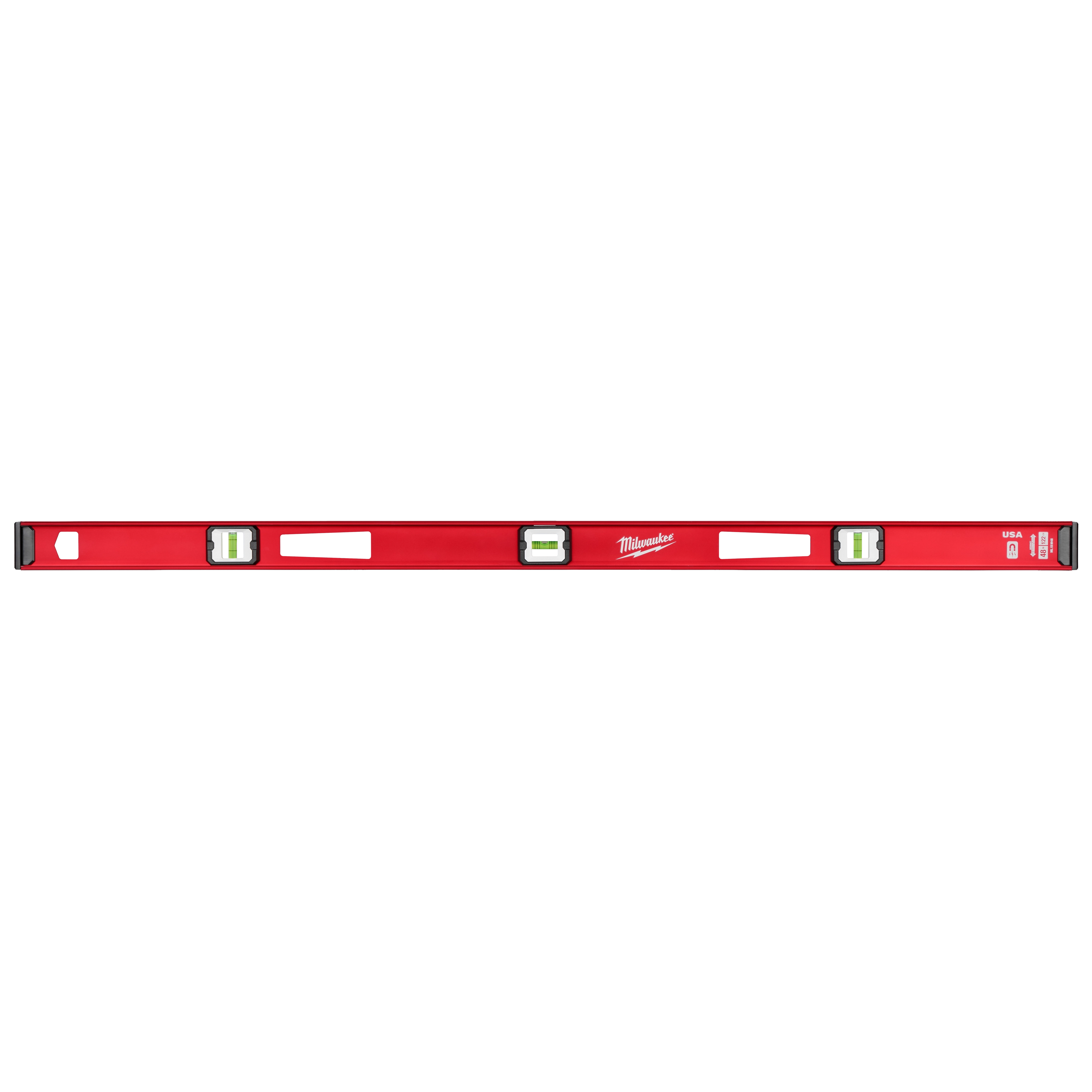 The Milwaukee® 48" Magnetic I-Beam Level is a red, rectangular level tool with three bubble vials and two hand grips. The level includes a magnetic strip and the brand's logo is prominently displayed in white.