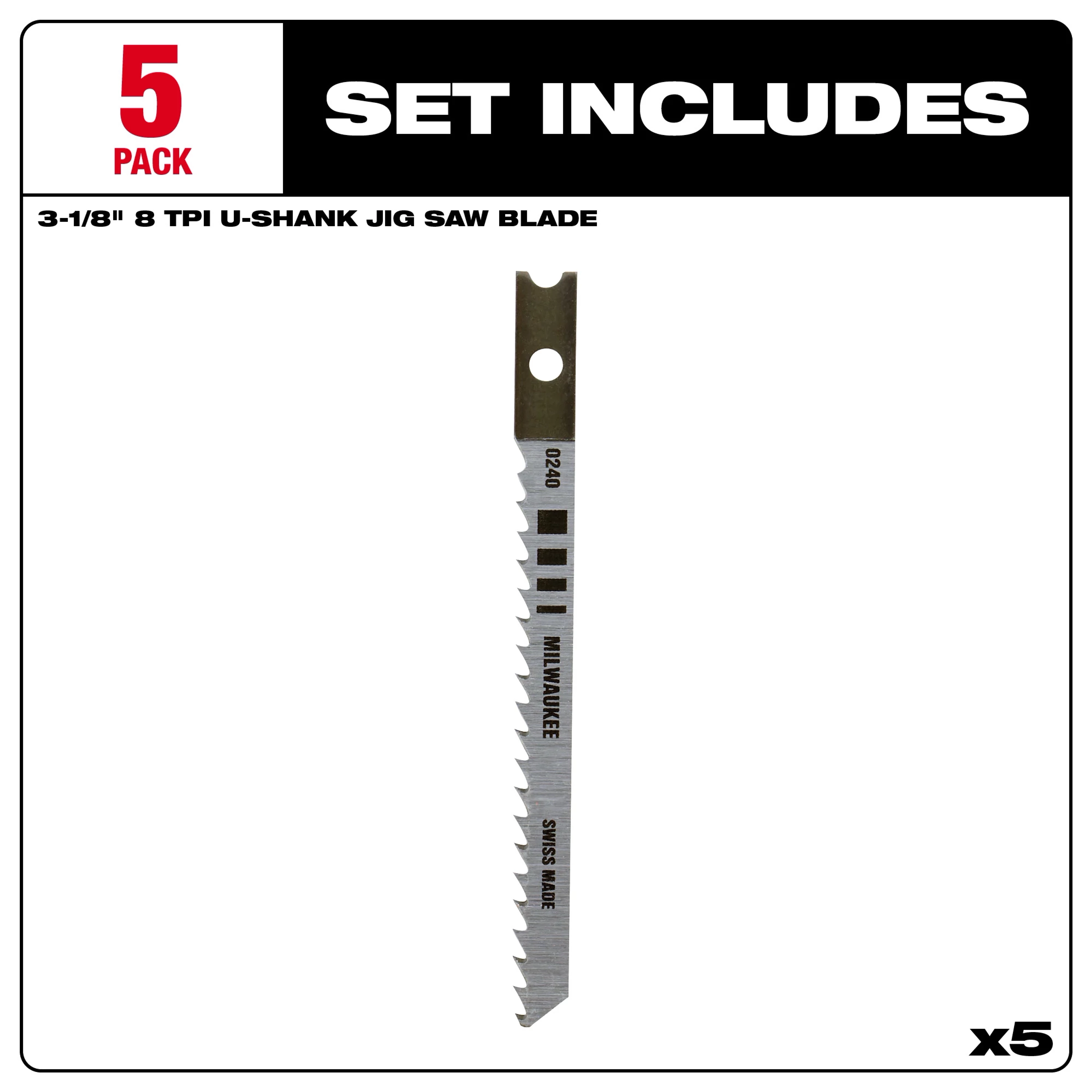 Set of five 3-1/8" 8 TPI U-Shank wood high carbon steel jig saw blades, suitable for precise cuts, displayed individually on packaging.
