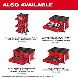 The image features a 366pc. Master Mechanics Hand Tool Set with PACKOUT™ Drawers and Dolly, alongside other tool sets in PACKOUT™ 4-Drawer Tool Boxes. The red and black storage units offer organized compartments and mobility for various tools.