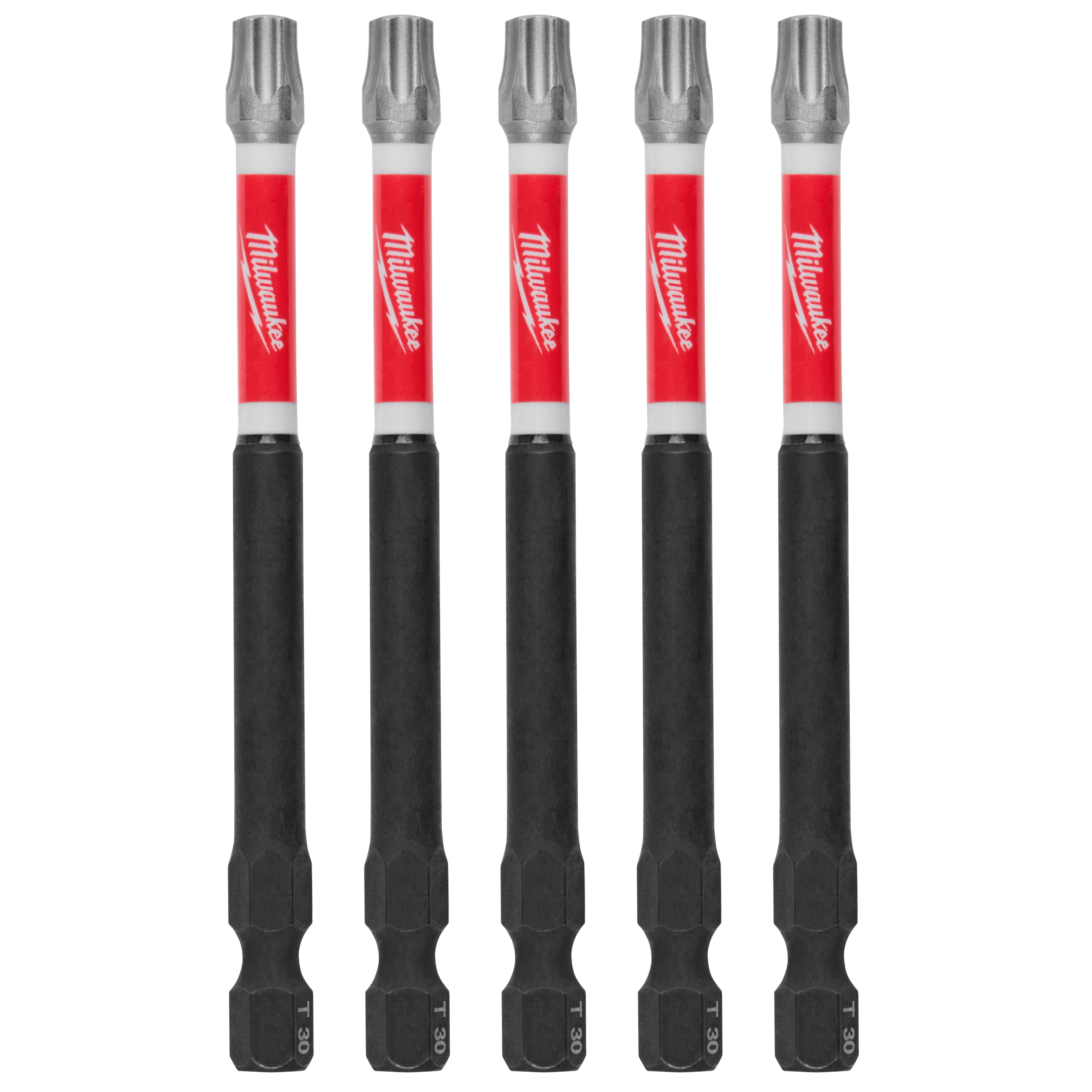 Image shows five Milwaukee SHOCKWAVE™ 3-1/2" Impact TORX® T30 Power Bits (5 PK). The bits are black with red and white Milwaukee branding near the top and have T30 tips on both ends.