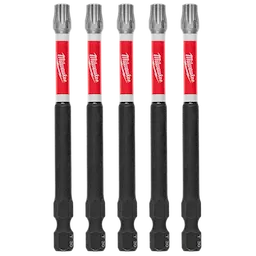 Image shows five Milwaukee SHOCKWAVE™ 3-1/2" Impact TORX® T30 Power Bits (5 PK). The bits are black with red and white Milwaukee branding near the top and have T30 tips on both ends.