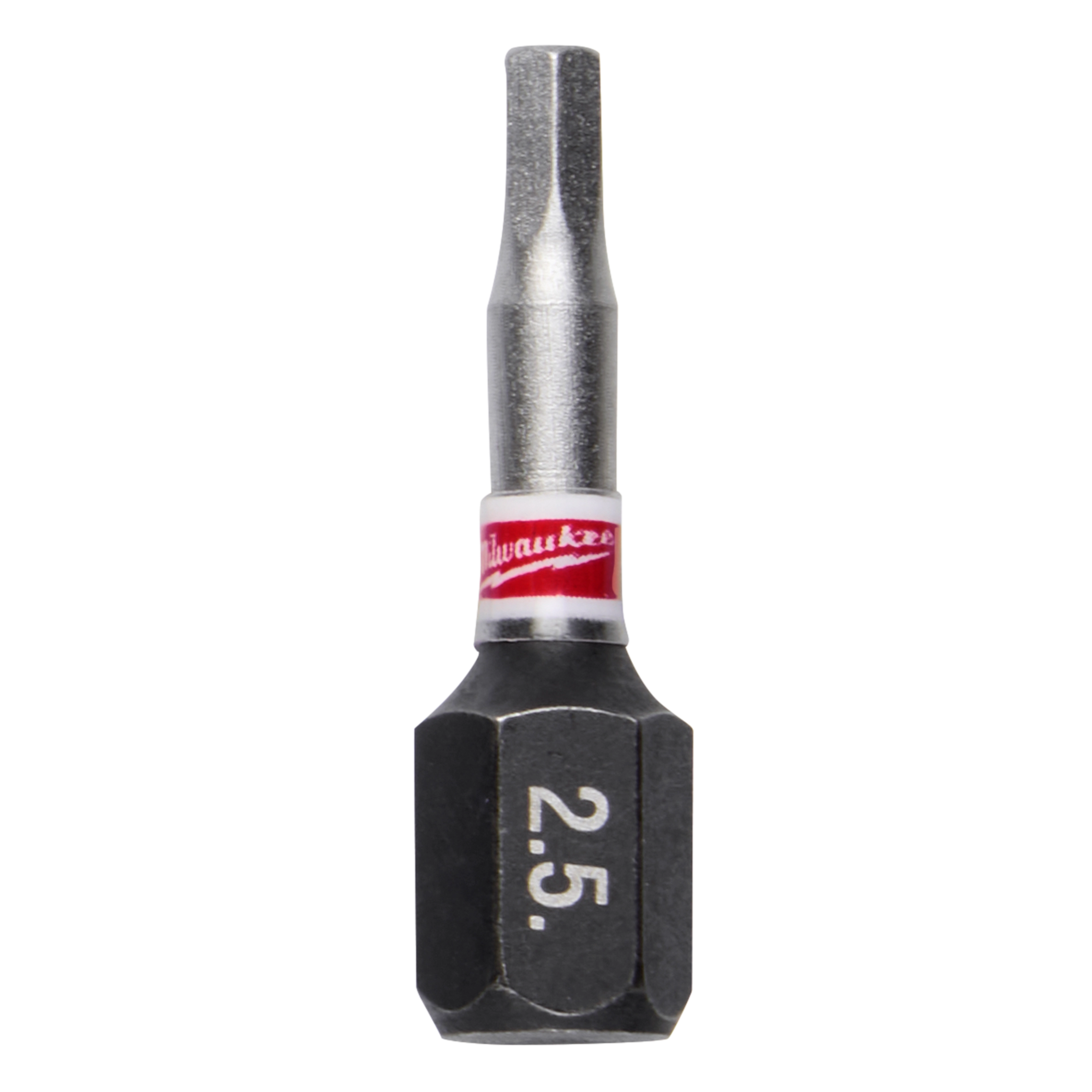 Image of a SHOCKWAVE™ 1" Impact Duty Hex 2.5MM Insert Bit Bulk 25. The bit has a hexagonal base with "2.5" labeled on it, a slim shank, and a red band featuring the Milwaukee logo.