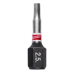 Image of a SHOCKWAVE™ 1" Impact Duty Hex 2.5MM Insert Bit Bulk 25. The bit has a hexagonal base with "2.5" labeled on it, a slim shank, and a red band featuring the Milwaukee logo.