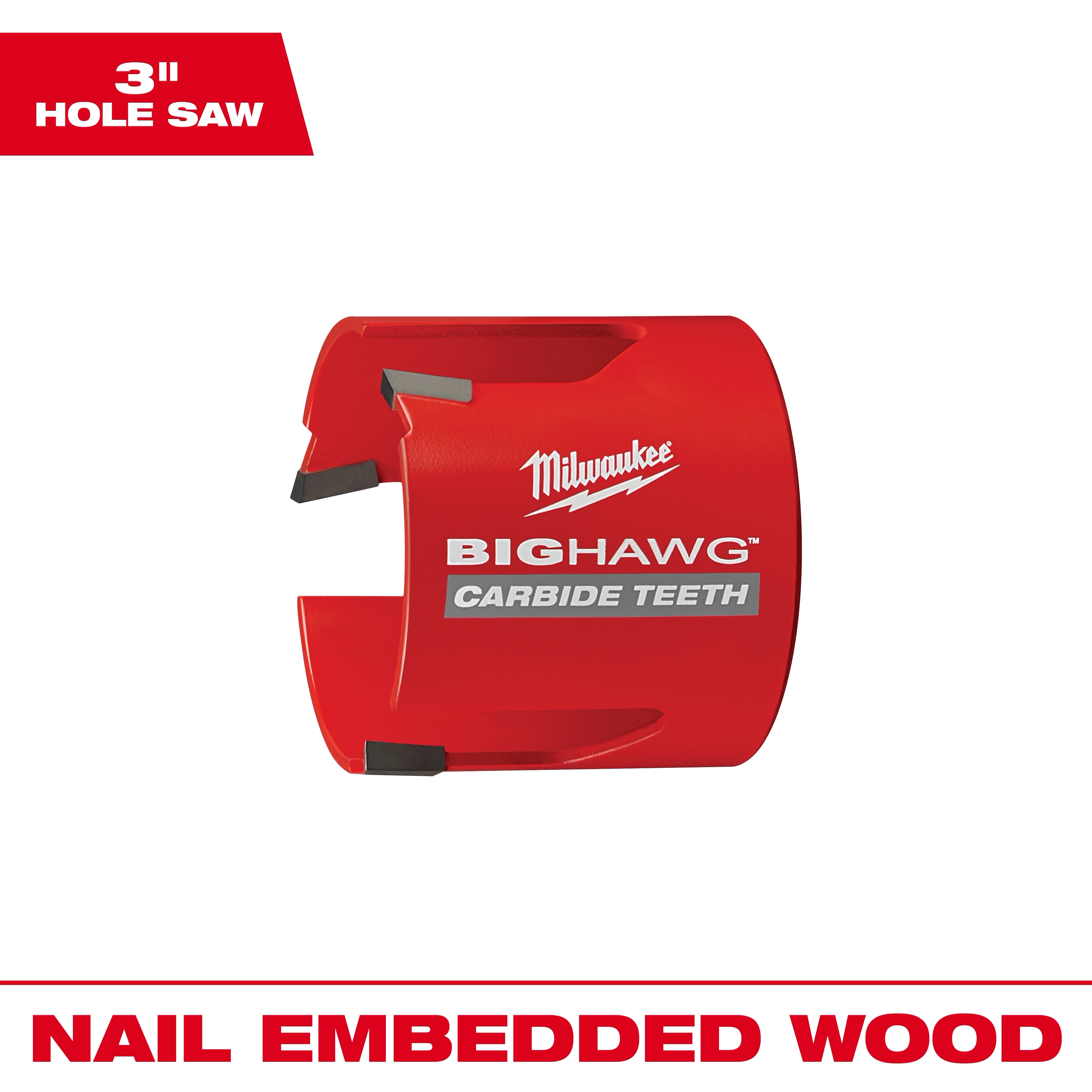Milwaukee 3" BIG HAWG with Carbide Teeth, a red hole saw designed for cutting through nail-embedded wood, shown front view.