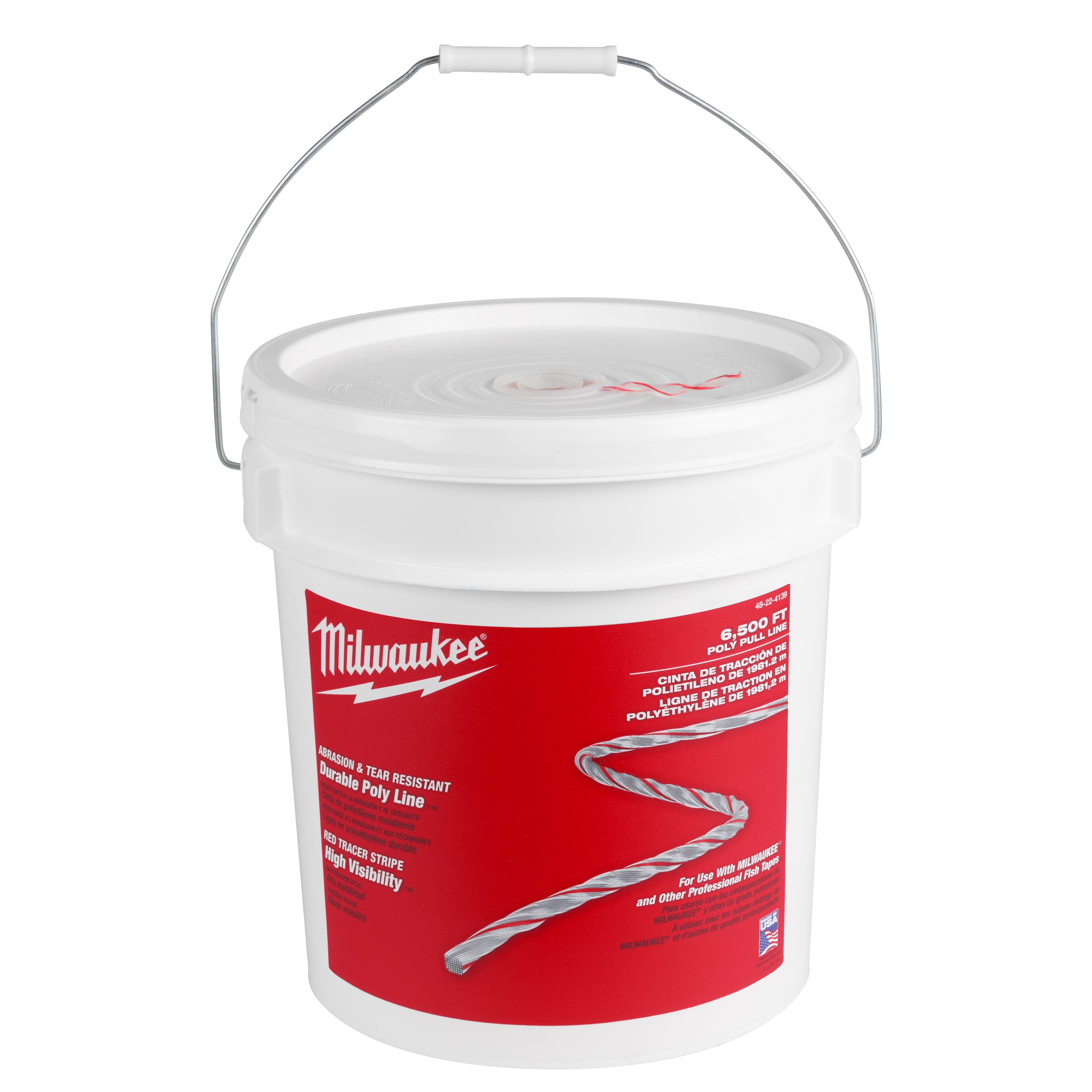 Milwaukee 6500' Poly Pull Line in a white bucket with a metal handle and red label showcasing the 6,500 feet tear-resistant line.