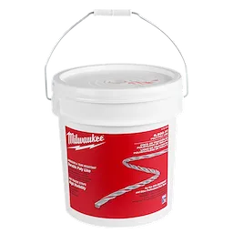 Milwaukee 6500' Poly Pull Line in a white bucket with a metal handle and red label showcasing the 6,500 feet tear-resistant line.