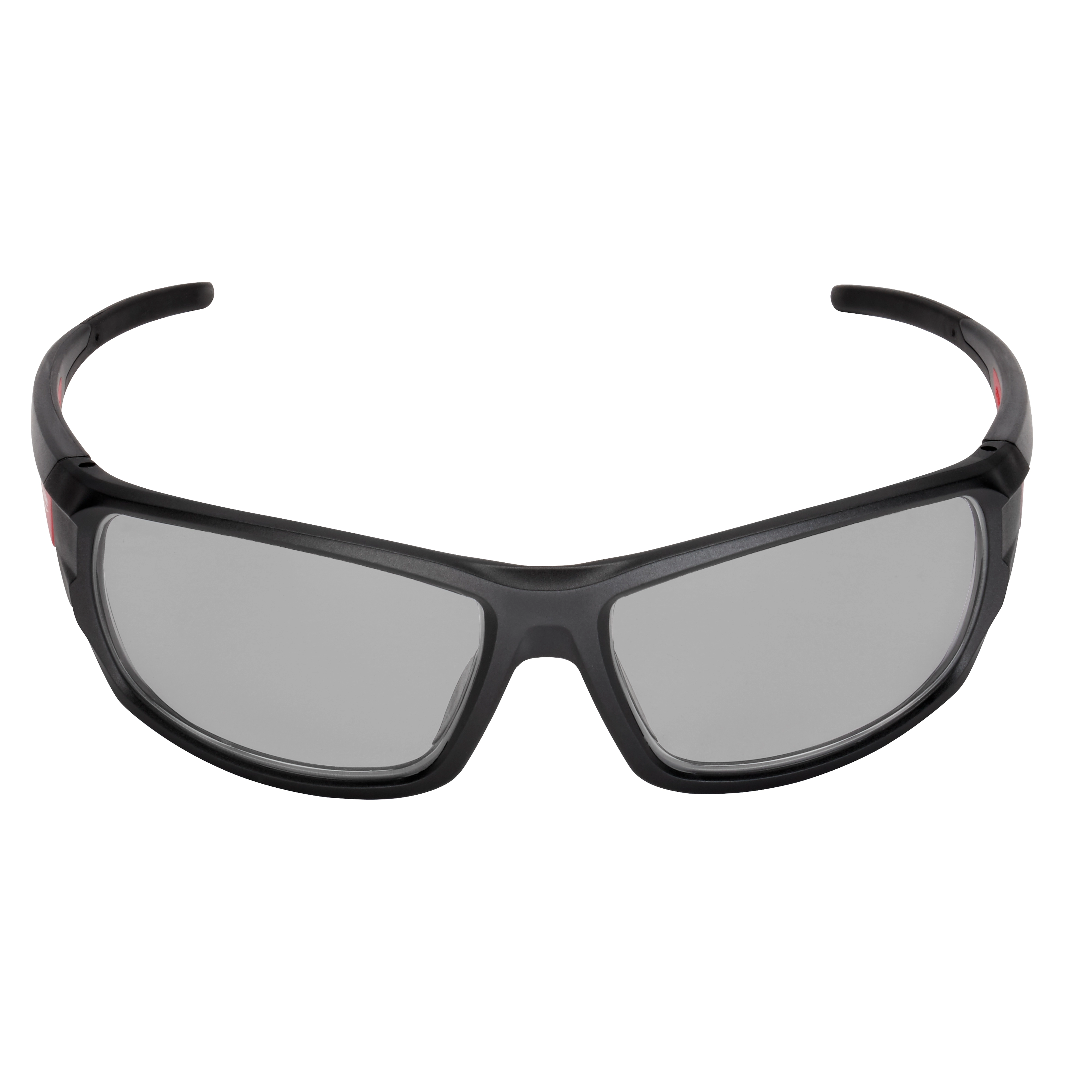 Performance Safety Glasses with gray fog-free lenses, featuring a black frame and wrap-around design for enhanced protection.