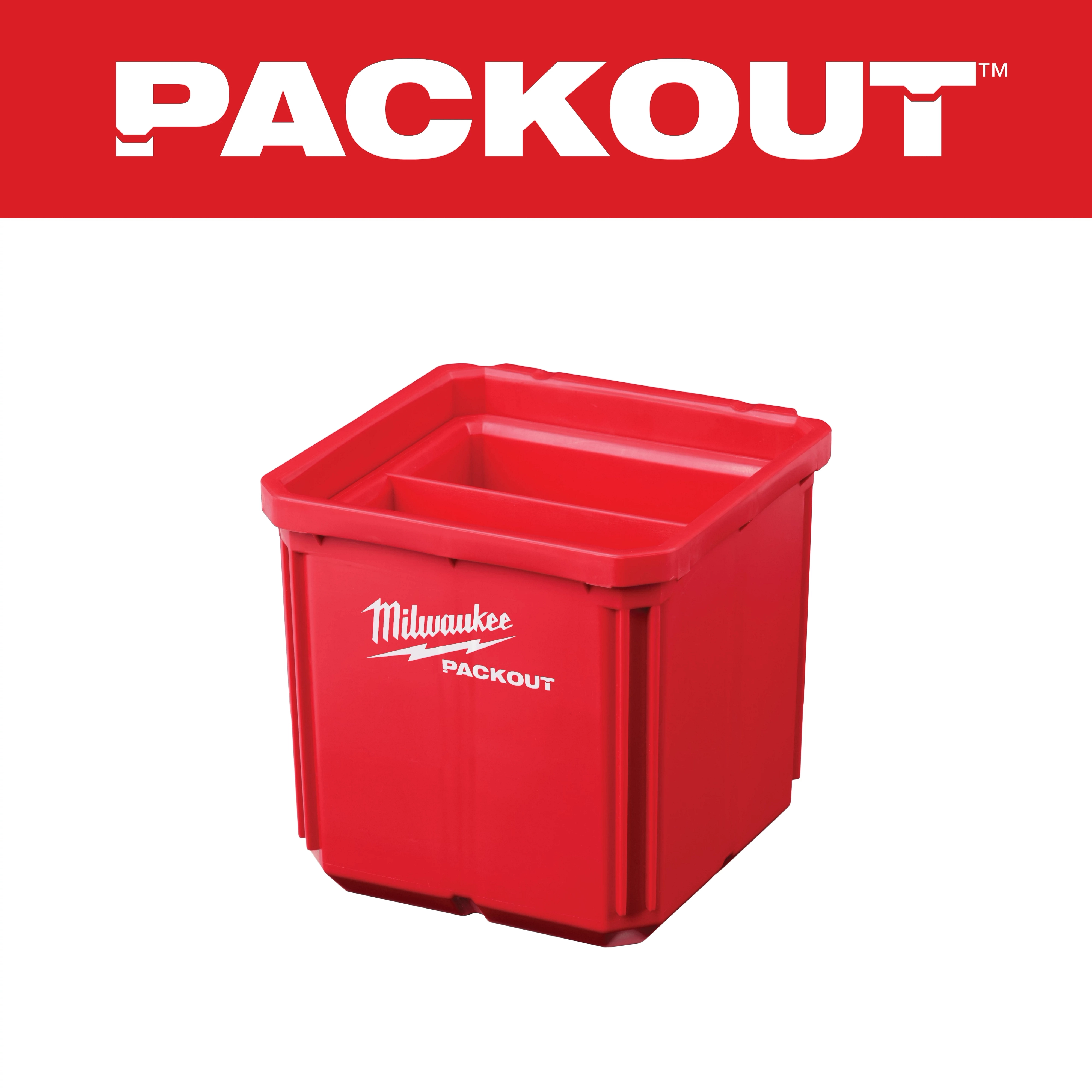 Red Milwaukee PACKOUT storage bins, one larger and one smaller, with the Milwaukee logo. The background is white with the PACKOUT logo in red.