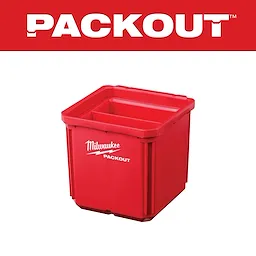 Red Milwaukee PACKOUT storage bins, one larger and one smaller, with the Milwaukee logo. The background is white with the PACKOUT logo in red.