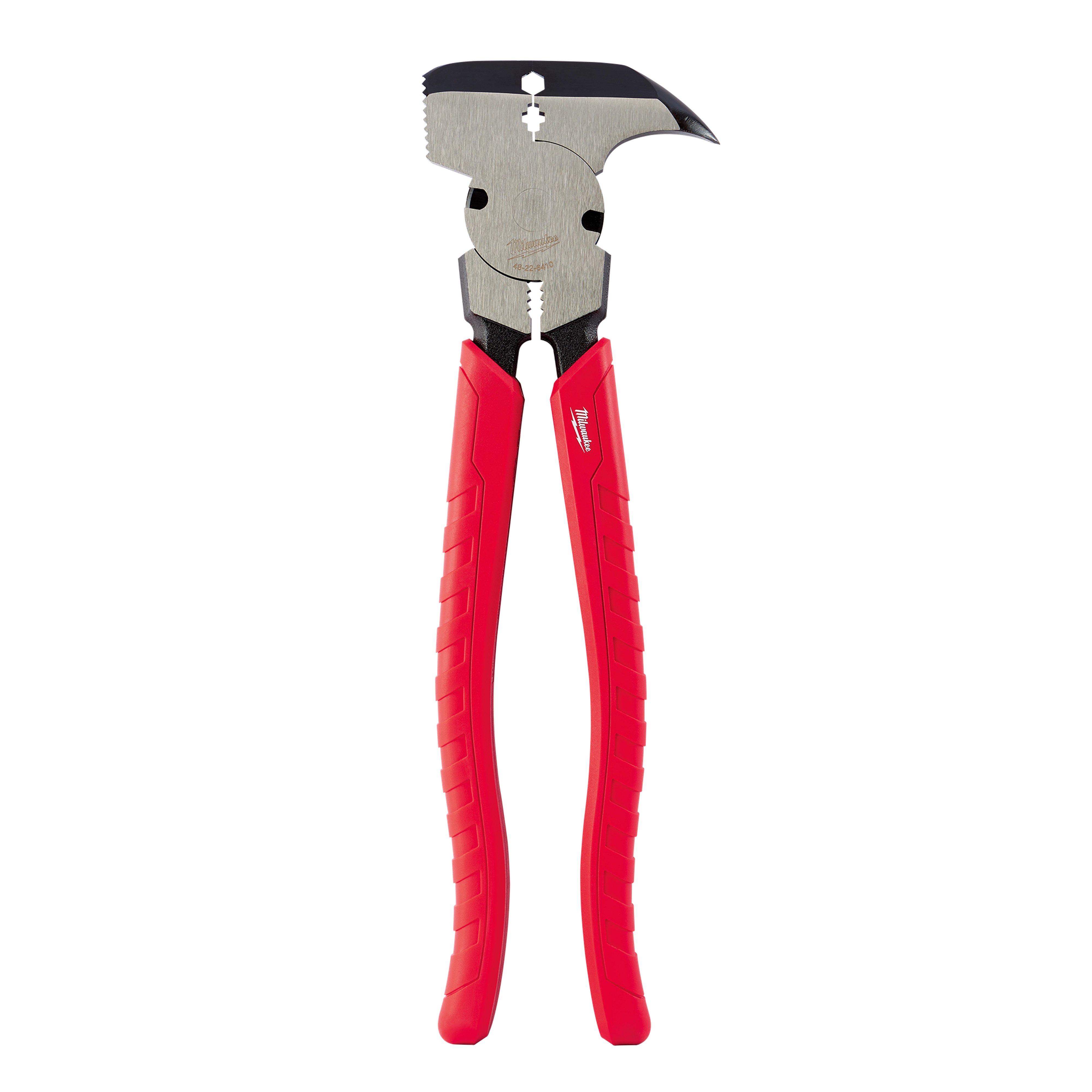 Comfort Grip Fencing Pliers feature red ergonomic handles and a multifunctional head for gripping, cutting, and hammering. The pliers have a polished steel finish and a durable design ideal for various fencing tasks.