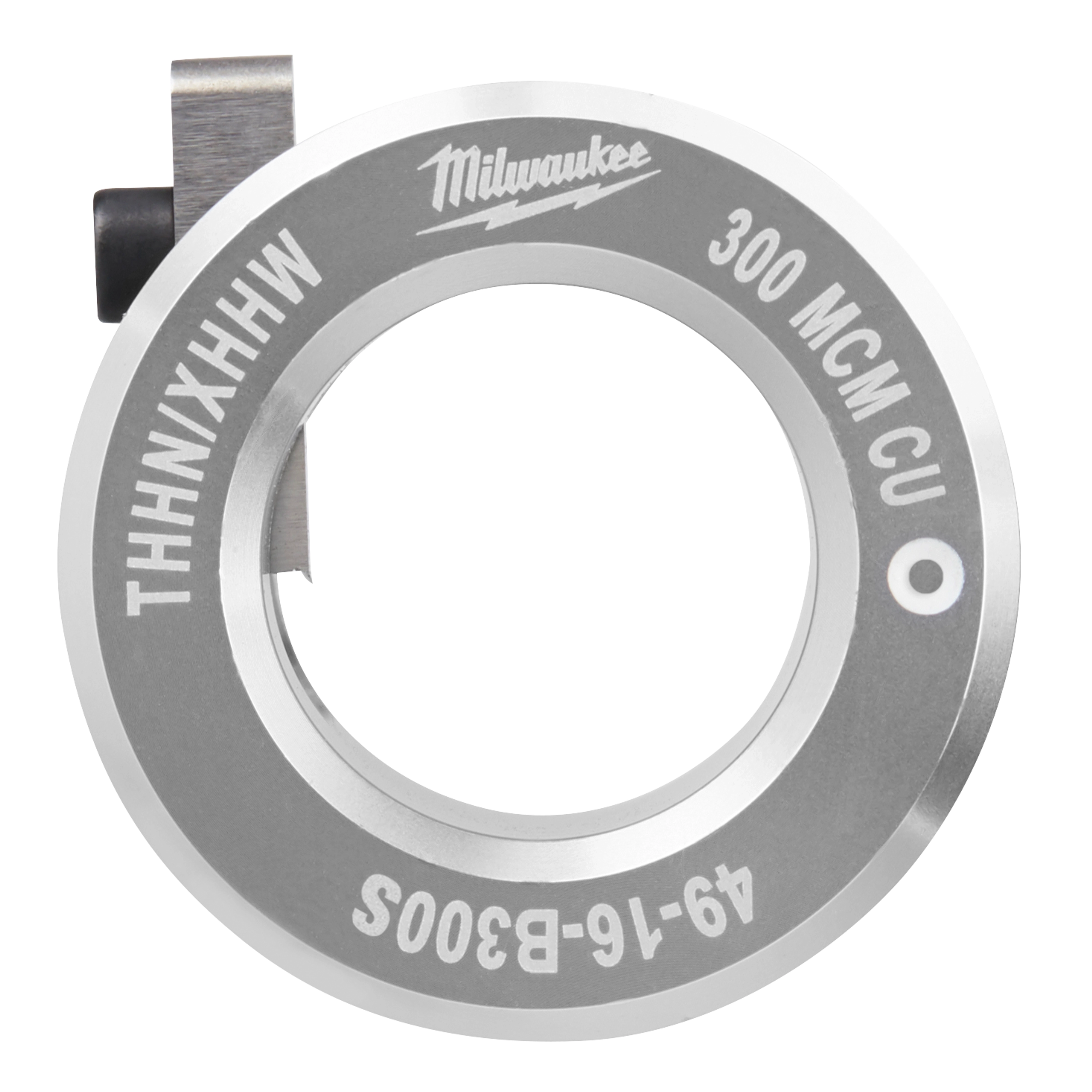 A silver circular bushing labeled "THHN/XHHW 300 MCM Cu 49-16-B300S" with a central hole and a small protruding black part on the side. A brand name is etched on the upper part of the bushing.