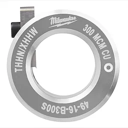 A silver circular bushing labeled "THHN/XHHW 300 MCM Cu 49-16-B300S" with a central hole and a small protruding black part on the side. A brand name is etched on the upper part of the bushing.