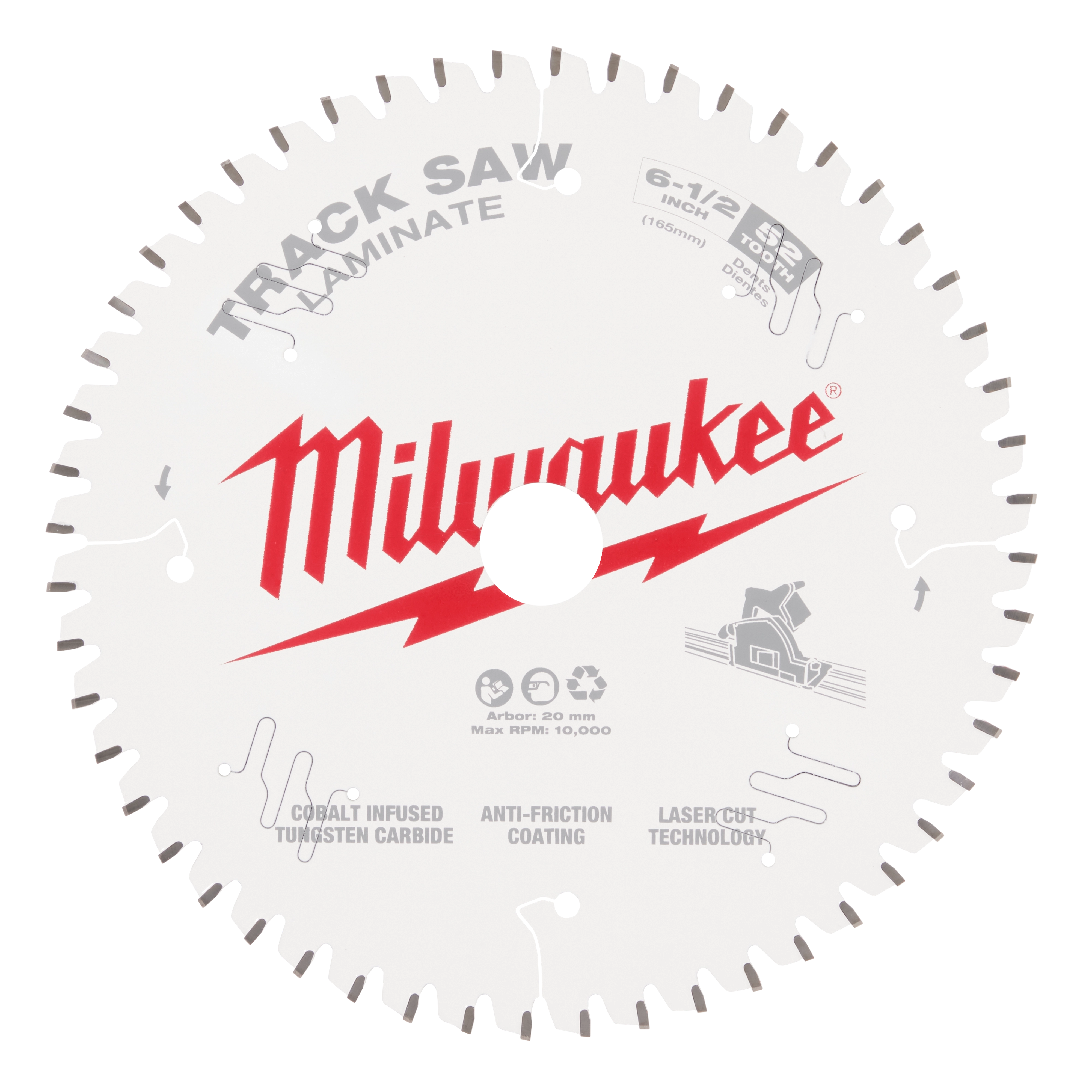 6-1/2" 52T Laminate Track Saw Blade with tungsten carbide blades, anti-friction coating, and laser-cut technology for smooth cuts.