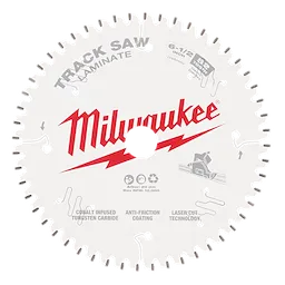 6-1/2" 52T Laminate Track Saw Blade with tungsten carbide blades, anti-friction coating, and laser-cut technology for smooth cuts.