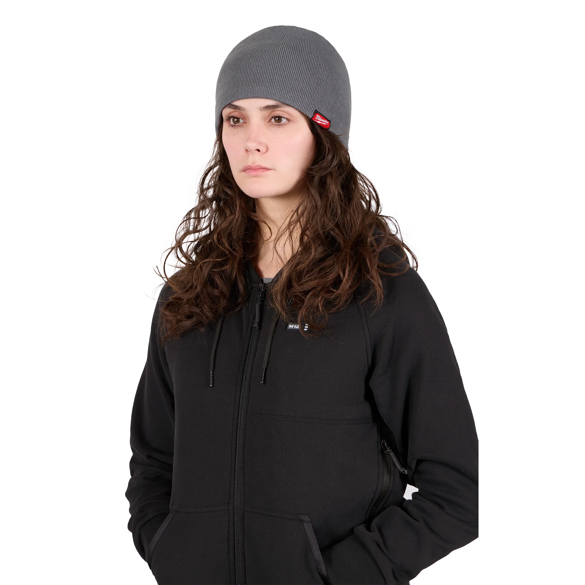 Image of a woman wearing the Milwaukee Fleece-Lined Beanie in gray