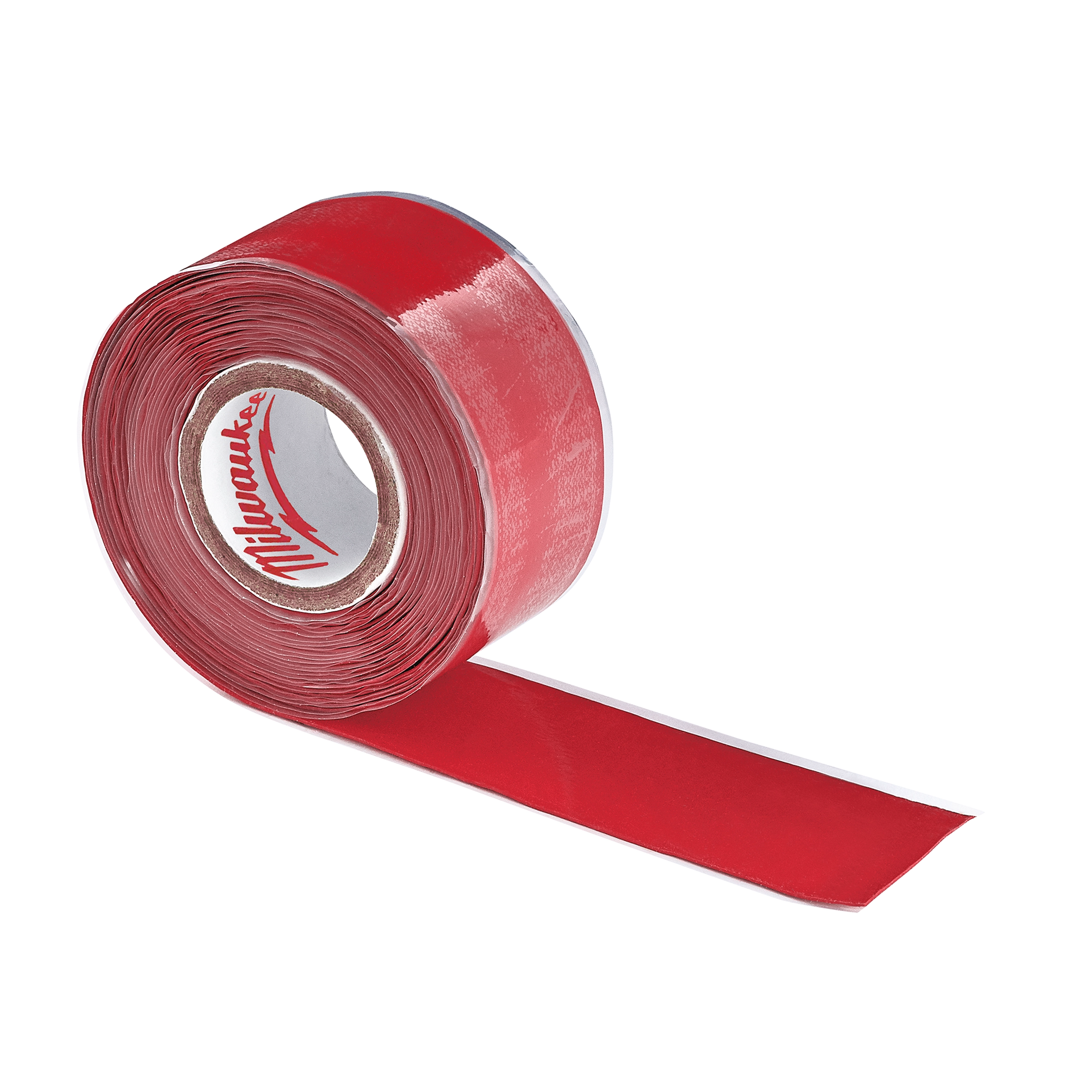 Red roll of 12ft Self-Adhering Tape with a glossy finish. The tape is partially unrolled, showcasing its width and adhesive backing. The inner core features the brand name 'Milwaukee' in red against a white background.