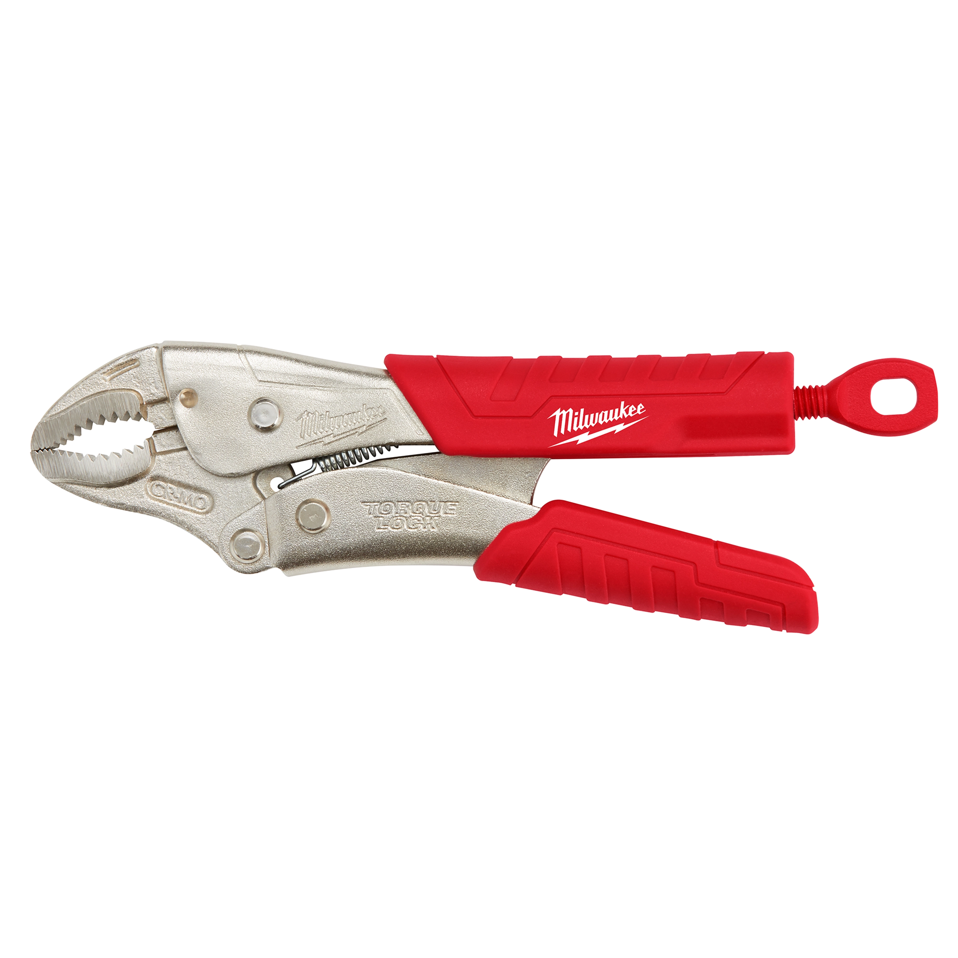 7" Torque Lock Curved Jaw Locking Pliers with Durable Grip have a silver metal body, adjustable pressure, and a red ergonomic handle for comfort and control.