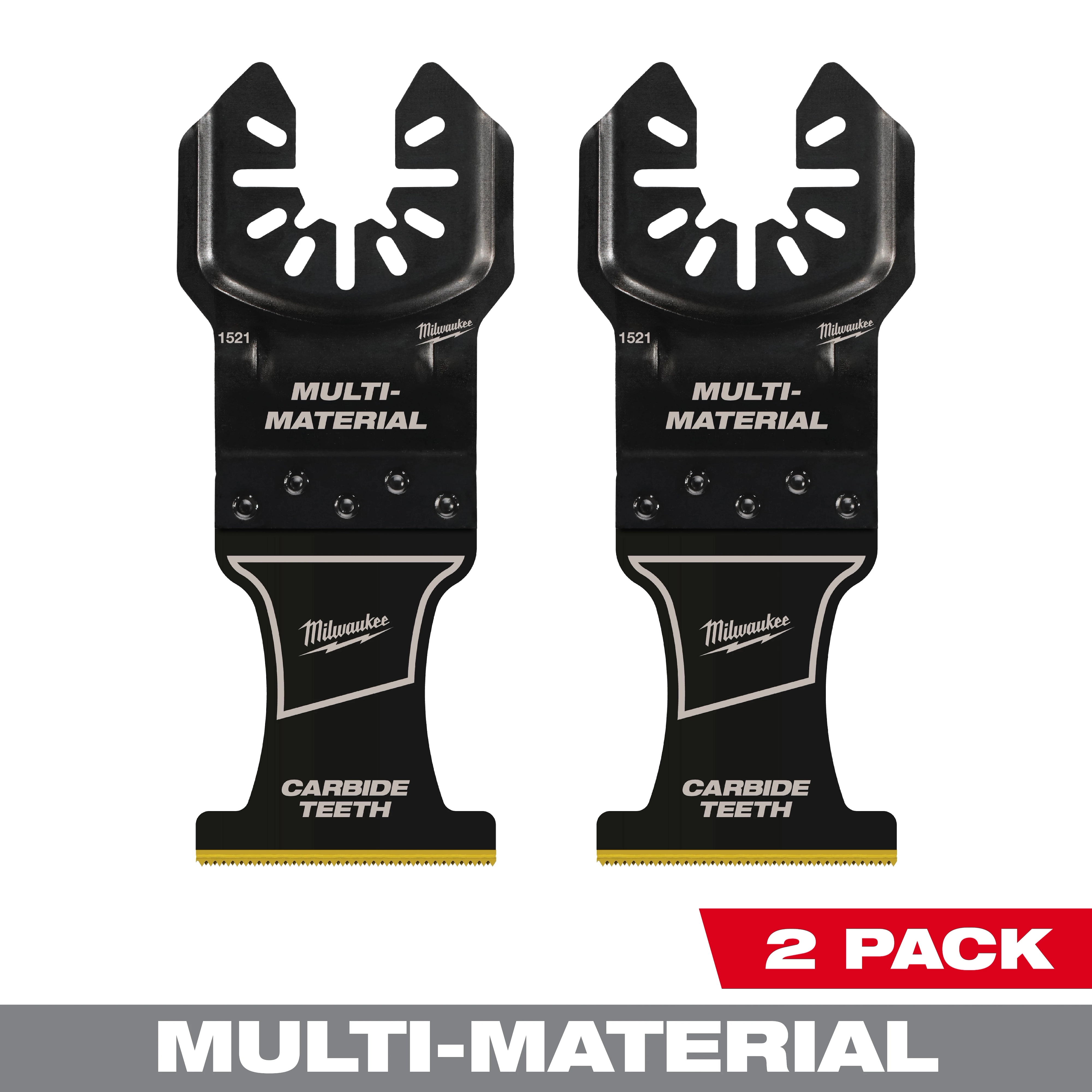 Package of two Milwaukee Open-Lok 1-3/8" carbide teeth multi-material multi-tool blades, suitable for versatile cutting tasks.