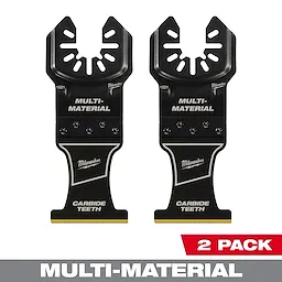 Package of two Milwaukee Open-Lok 1-3/8" carbide teeth multi-material multi-tool blades, suitable for versatile cutting tasks.