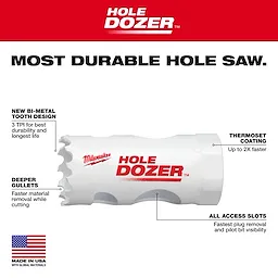 The 49-56-0043 Bi-Metal Small Cup Walkaround Hole Dozer features a bi-metal tooth design, thermoset coating, deeper gullets, and all access slots.