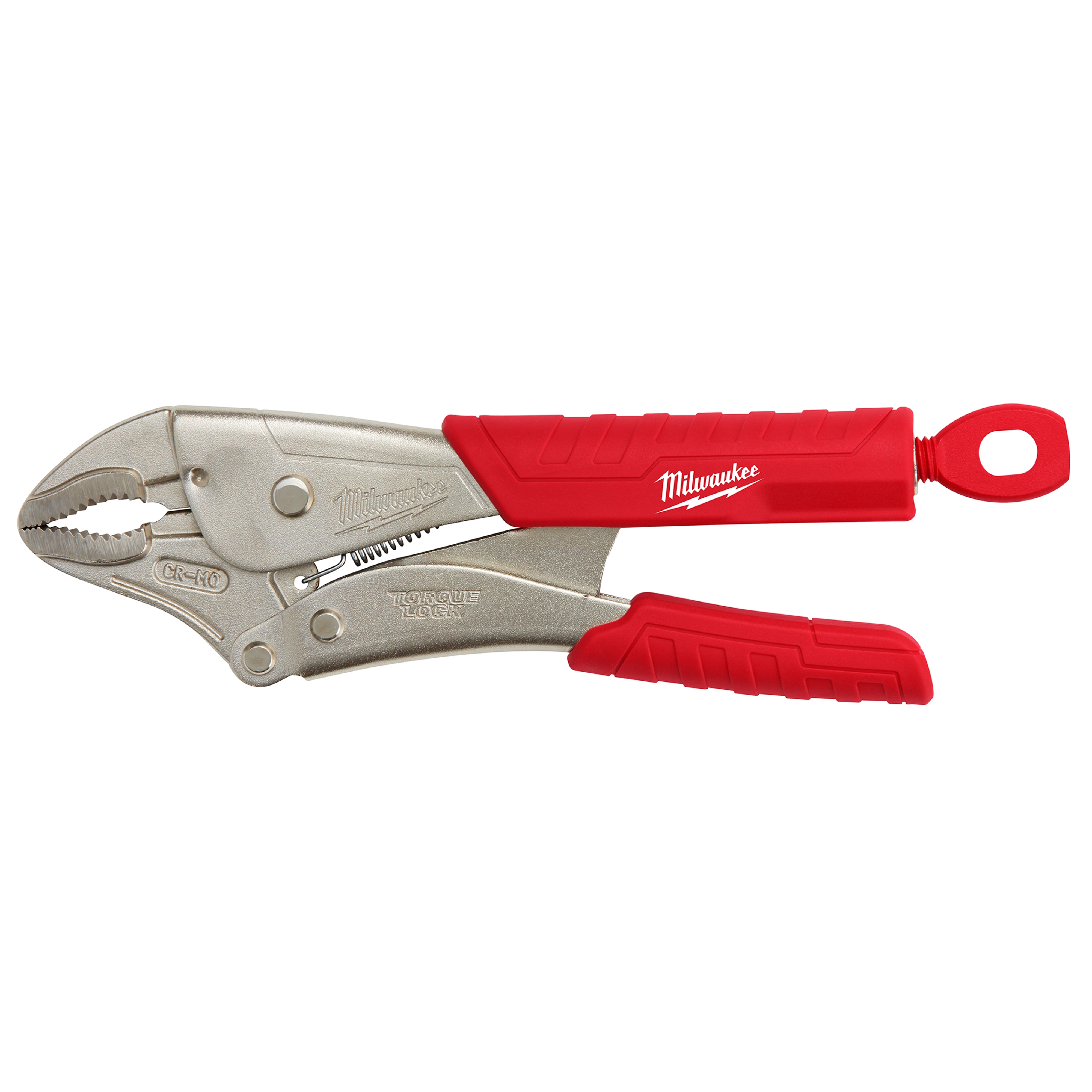 10" Torque Lock Curved Jaw Locking Pliers with Durable Grip features a curved locking jaw and a red, durable handle for enhanced grip. It is made of silver metal and has the brand name displayed on the handle.