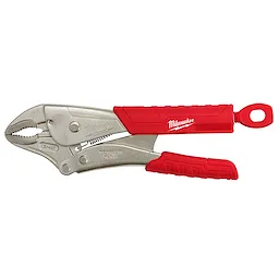 10" Torque Lock Curved Jaw Locking Pliers with Durable Grip features a curved locking jaw and a red, durable handle for enhanced grip. It is made of silver metal and has the brand name displayed on the handle.