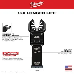 MILWAUKEE OPEN-LOK 1-1/8 inch Titanium Charged Bi-Metal Thin Metal Multi-Tool Blade designed for longer life and fast plunge cuts.