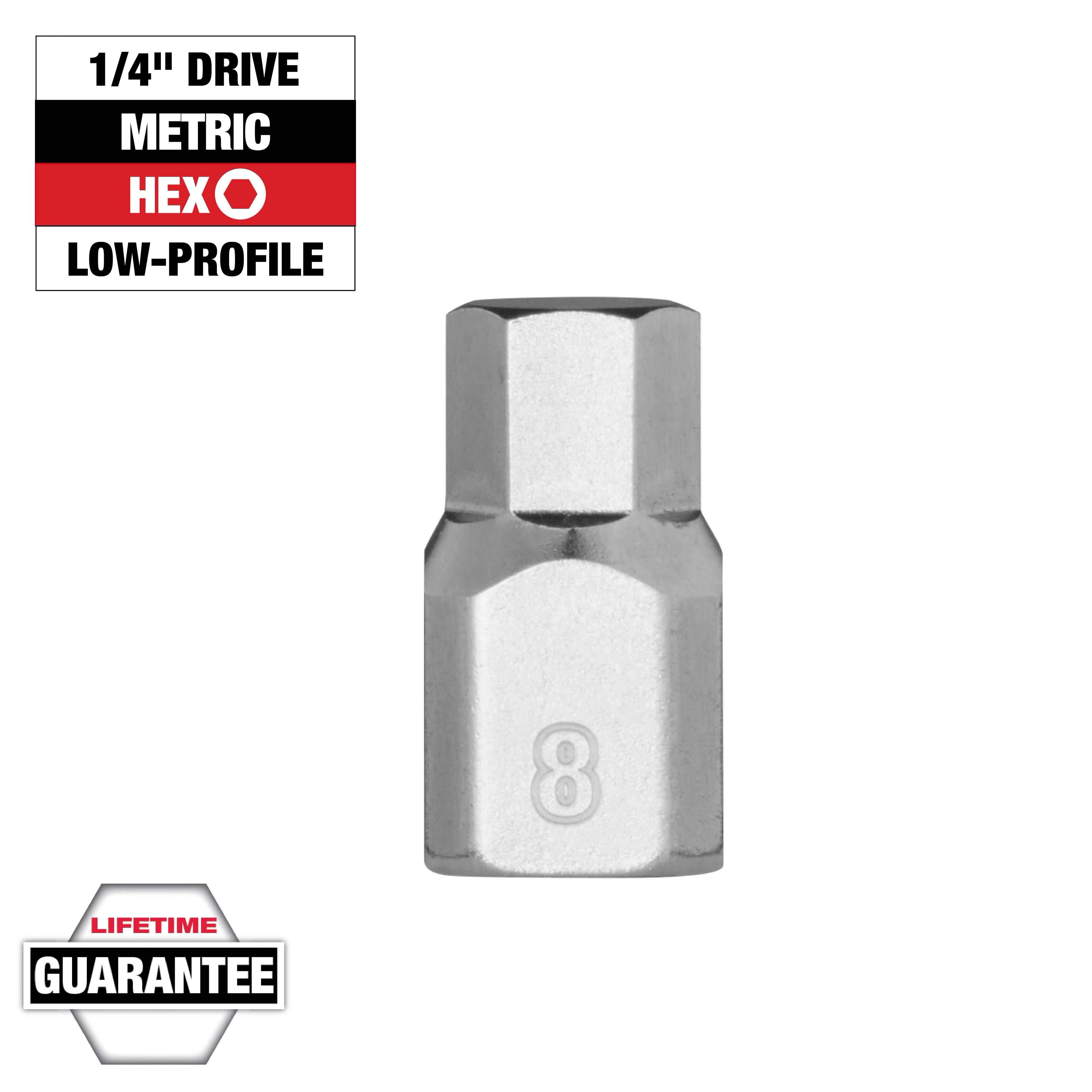 1/4" Drive 8mm Low-Profile Hex Bit Socket, chrome finish, with a metric marking of 8. Lifetime guarantee displayed on packaging.
