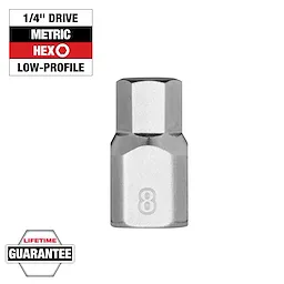 1/4" Drive 8mm Low-Profile Hex Bit Socket, chrome finish, with a metric marking of 8. Lifetime guarantee displayed on packaging.